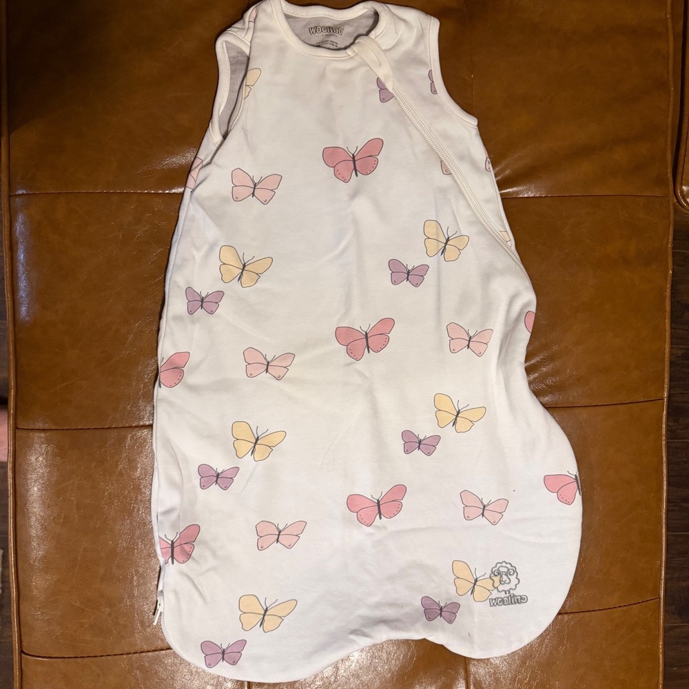 Woolino 0-6 Months Merino Wool Baby Sleep Bag Butterfly Print White Pink